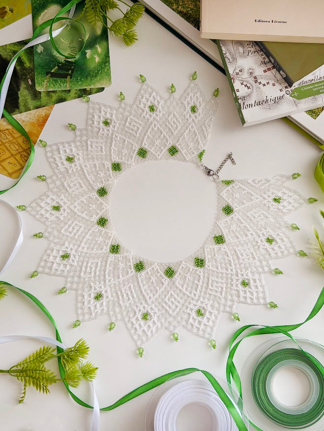 Beaded Necklace "Elfin Lace" | White & Green | Handmade