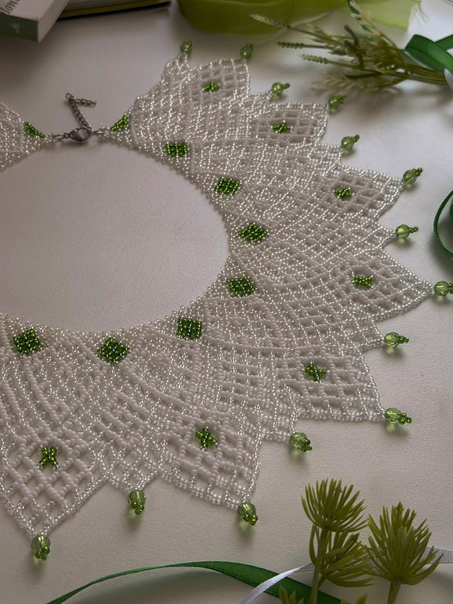 Beaded Necklace "Elfin Lace" | White & Green | Handmade