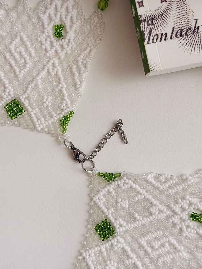 Beaded Necklace "Elfin Lace" | White & Green | Handmade