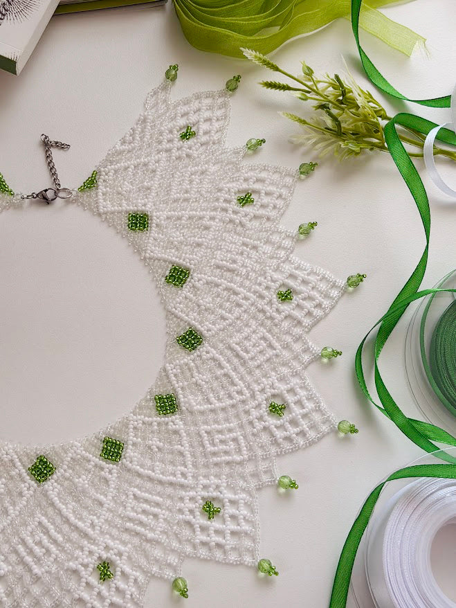 Beaded Necklace "Elfin Lace" | White & Green | Handmade