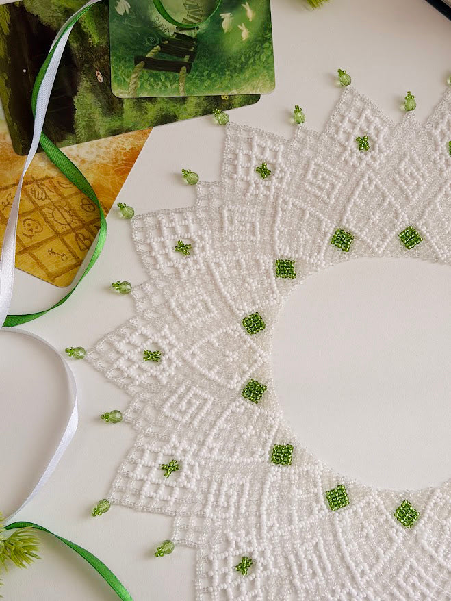 Beaded Necklace "Elfin Lace" | White & Green | Handmade