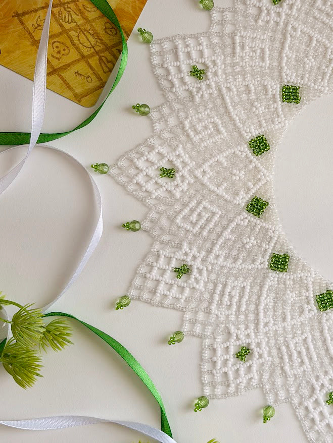Beaded Necklace "Elfin Lace" | White & Green | Handmade