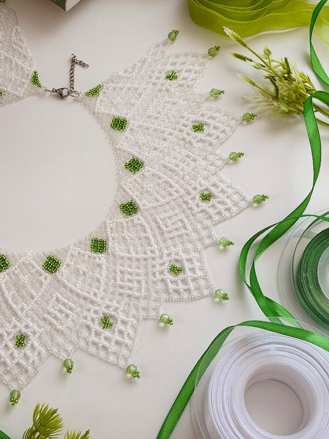 Beaded Necklace "Elfin Lace" | White & Green | Handmade