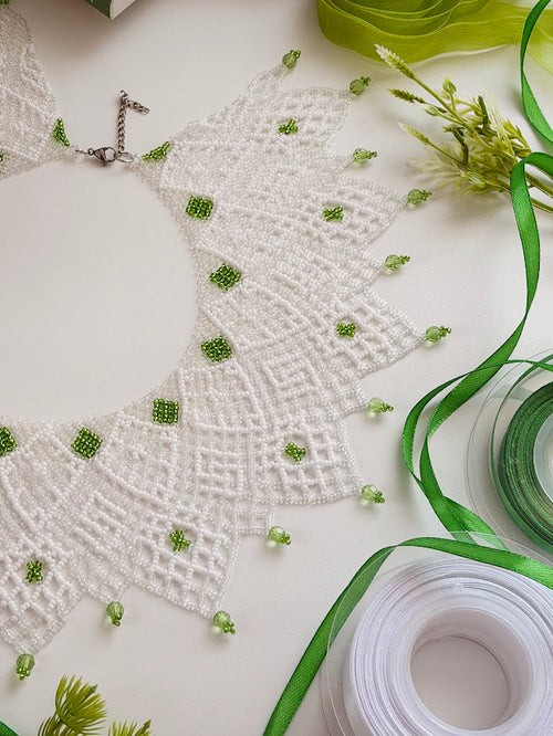 Beaded Necklace "Elfin Lace" | White & Green | Handmade