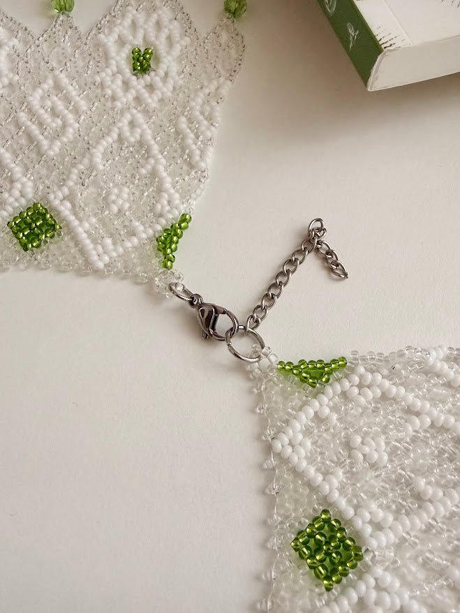 Beaded Necklace "Elfin Lace" | White & Green | Handmade