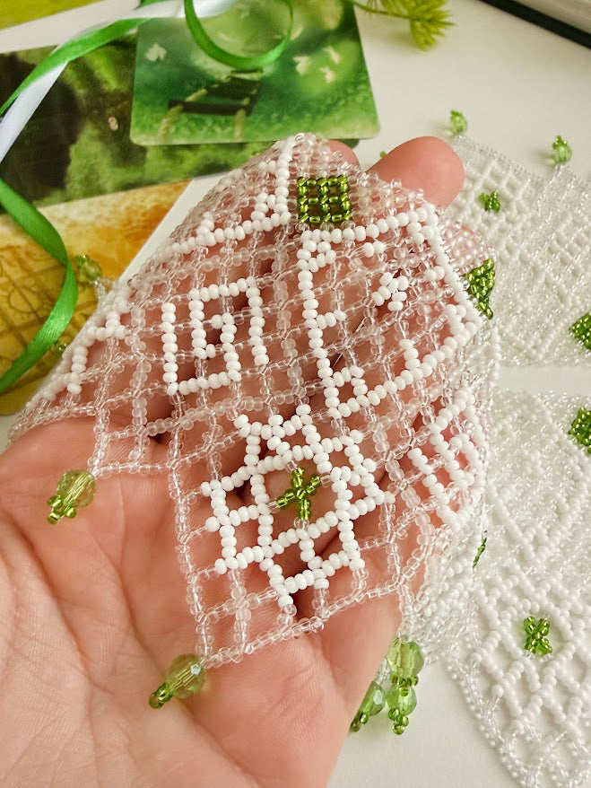 Beaded Necklace "Elfin Lace" | White & Green | Handmade