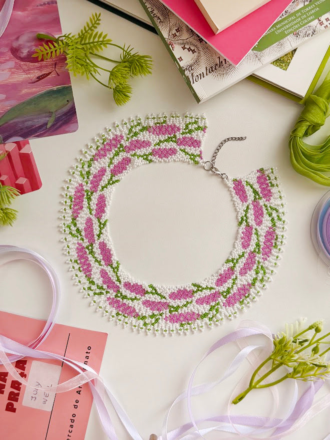 Beaded Necklace "Lilac Bloom" | Purple, White & Green | Handmade