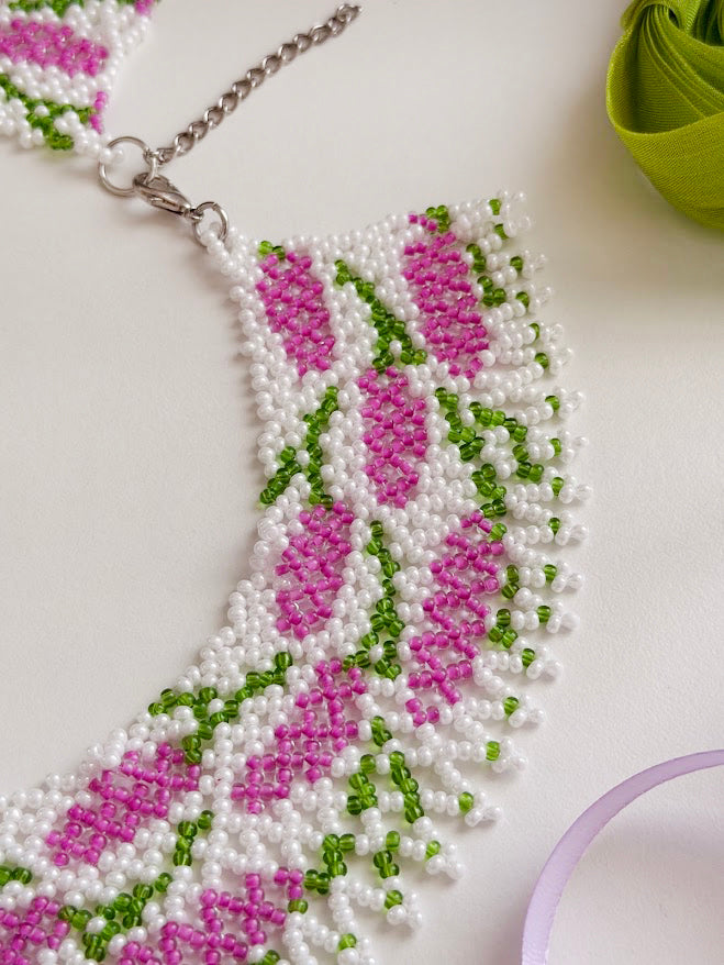 Beaded Necklace "Lilac Bloom" | Purple, White & Green | Handmade