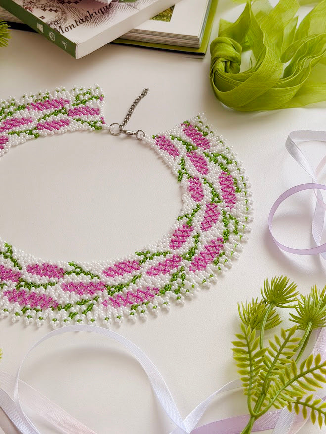 Beaded Necklace "Lilac Bloom" | Purple, White & Green | Handmade