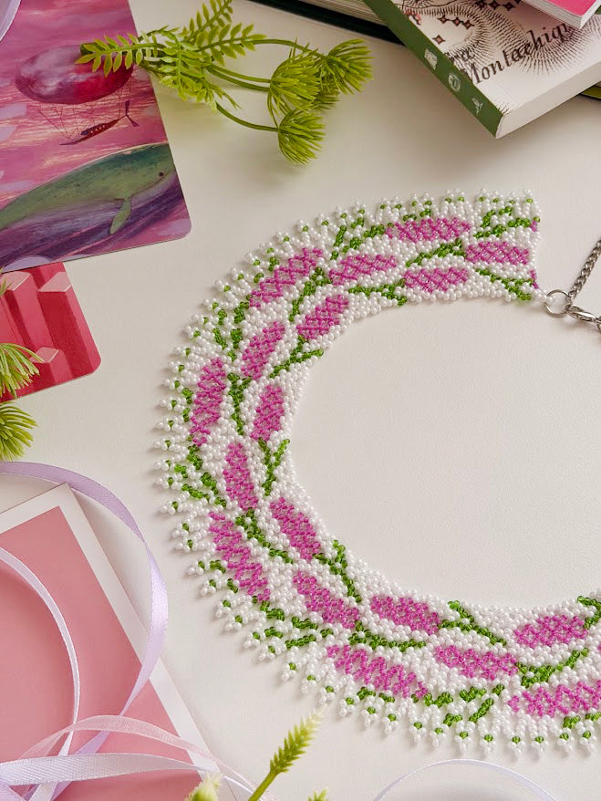 Beaded Necklace "Lilac Bloom" | Purple, White & Green | Handmade