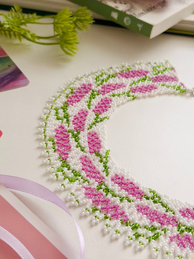 Beaded Necklace "Lilac Bloom" | Purple, White & Green | Handmade