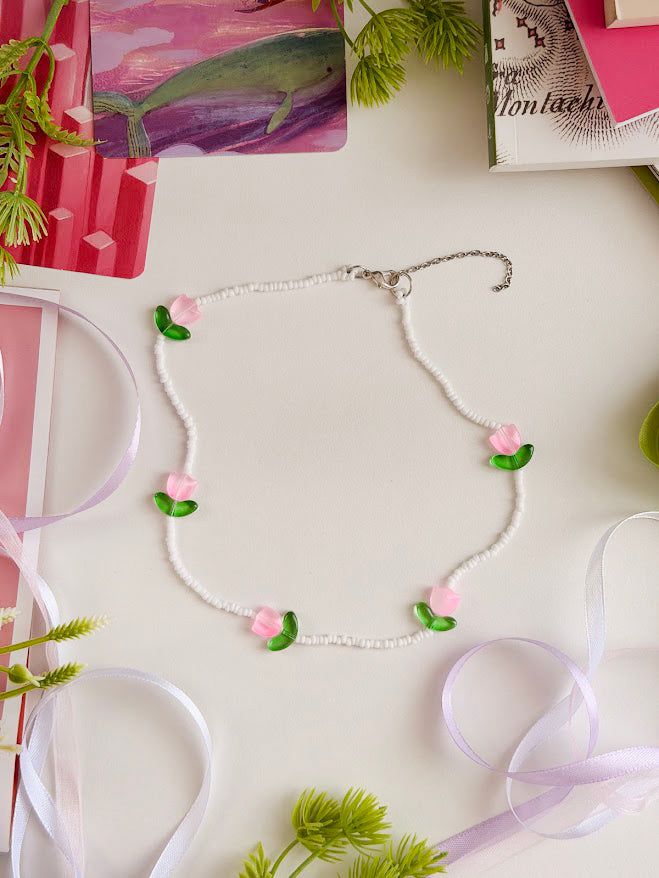 Children's Beaded Necklace "Little Pink Tulips" | Pink & White | Handmade