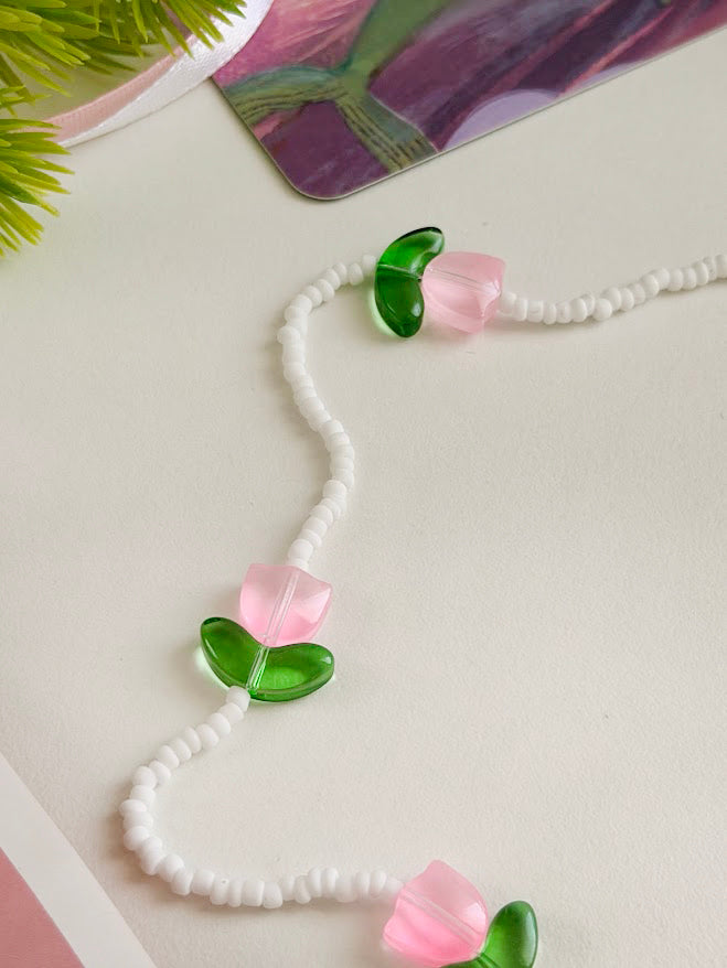 Children's Beaded Necklace "Little Pink Tulips" | Pink & White | Handmade