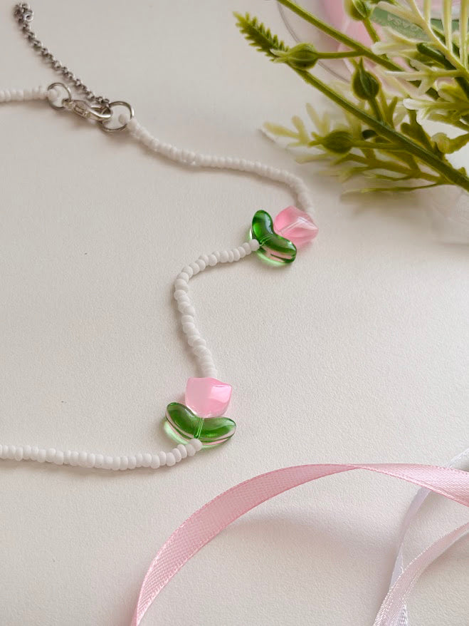 Children's Beaded Necklace "Little Pink Tulips" | Pink & White | Handmade