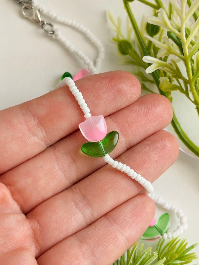 Children's Beaded Necklace "Little Pink Tulips" | Pink & White | Handmade