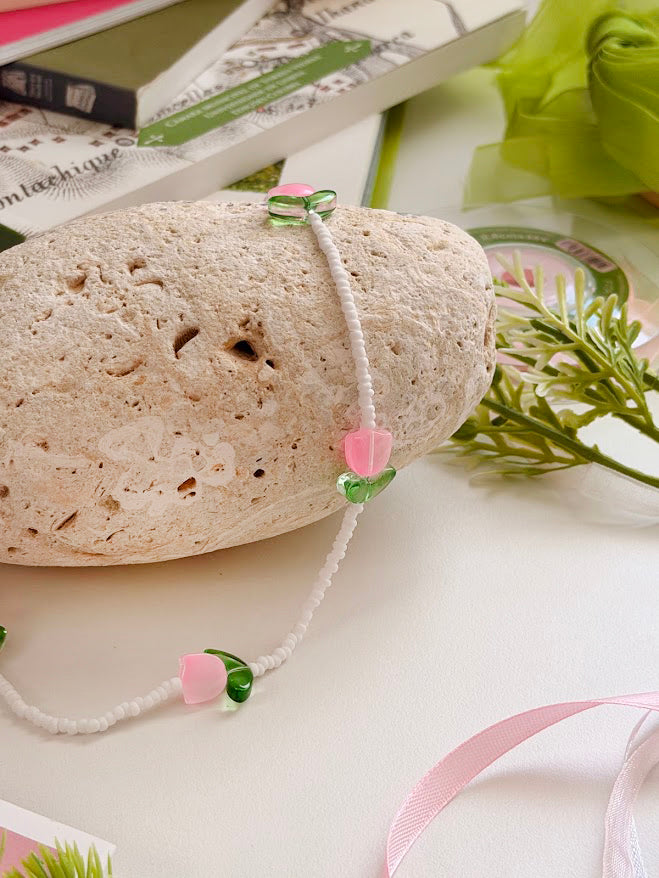 Children's Beaded Necklace "Little Pink Tulips" | Pink & White | Handmade