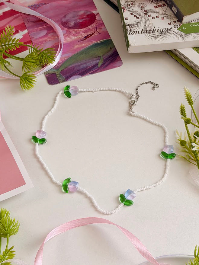 Children's Beaded Necklace "Ombre Tulips" | Blue, Pink & White | Handmade