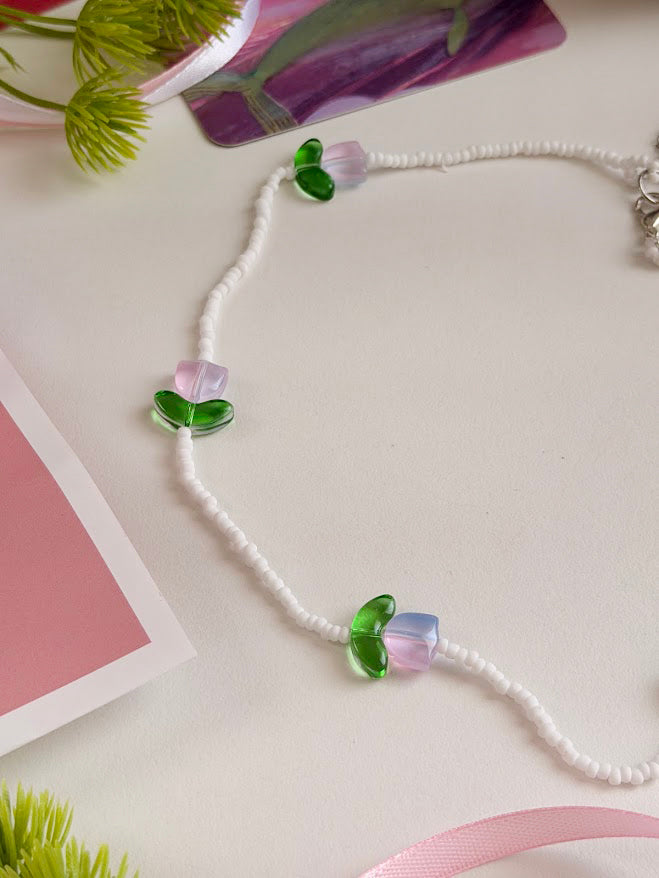 Children's Beaded Necklace "Ombre Tulips" | Blue, Pink & White | Handmade