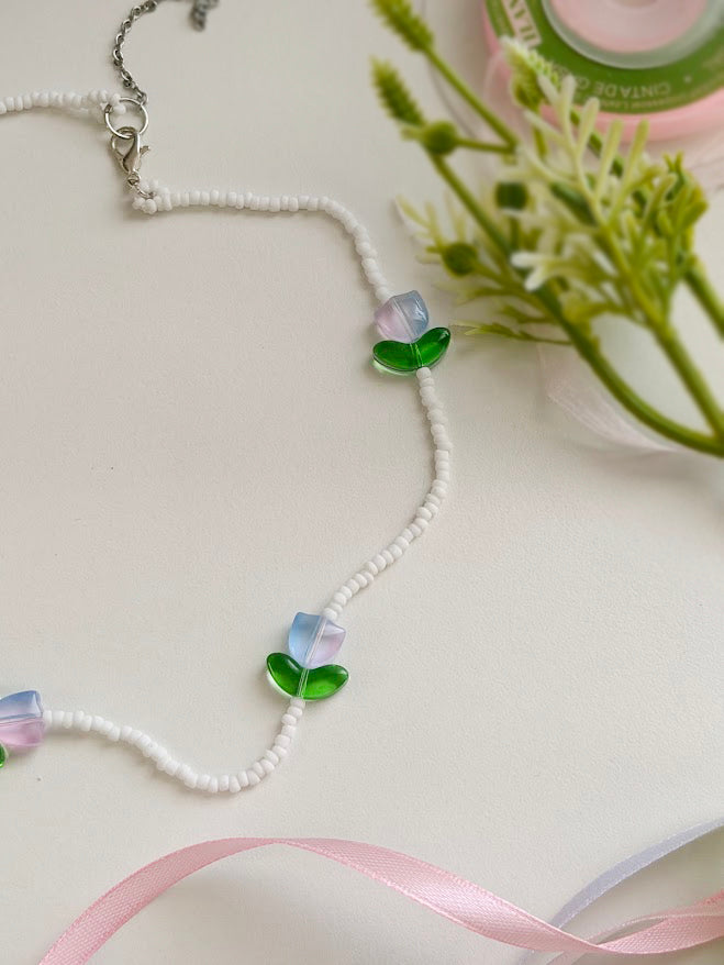 Children's Beaded Necklace "Ombre Tulips" | Blue, Pink & White | Handmade