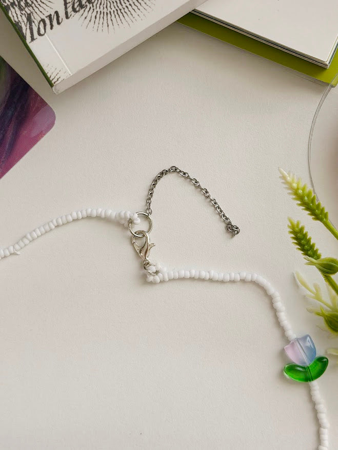 Children's Beaded Necklace "Ombre Tulips" | Blue, Pink & White | Handmade