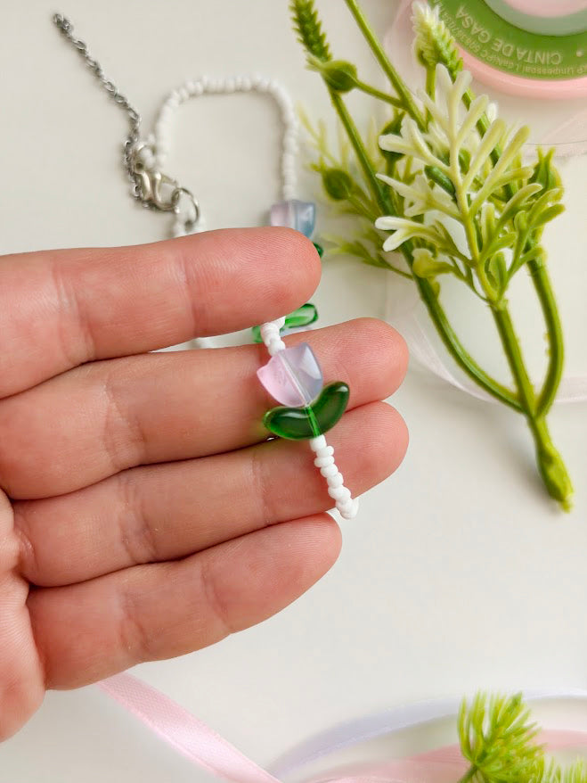 Children's Beaded Necklace "Ombre Tulips" | Blue, Pink & White | Handmade