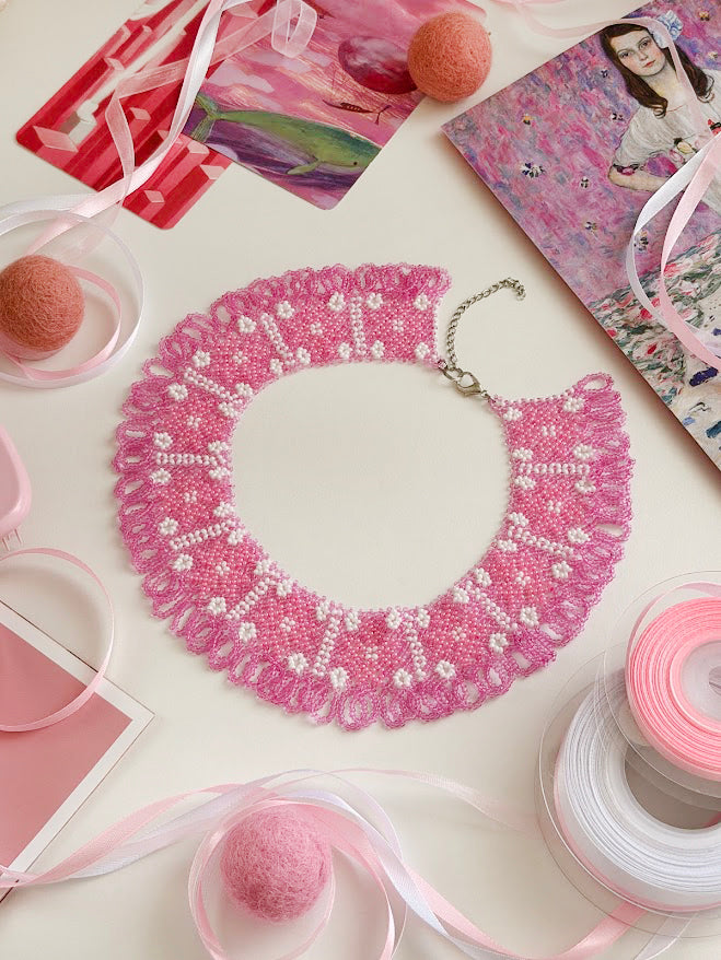 Beaded Necklace "Pink Stars" | Pink & White | Handmade