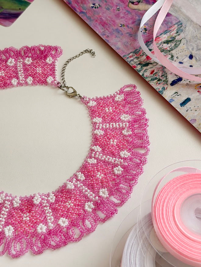 Beaded Necklace "Pink Stars" | Pink & White | Handmade
