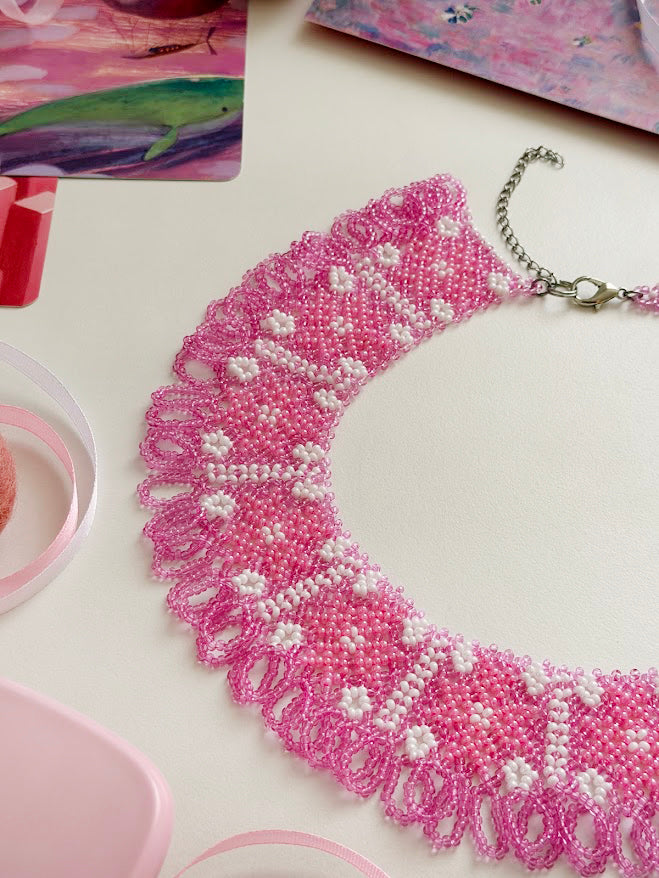 Beaded Necklace "Pink Stars" | Pink & White | Handmade