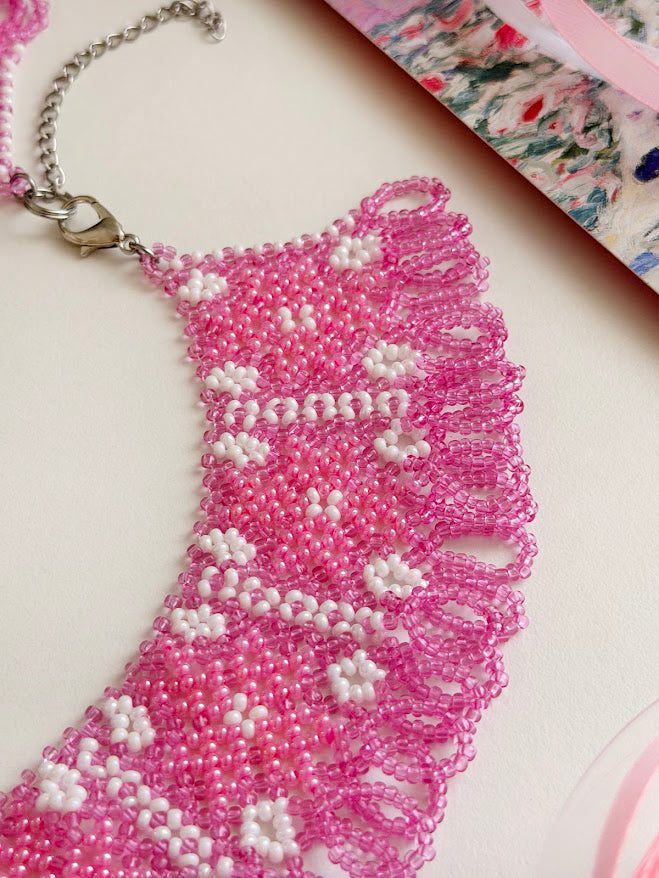 Beaded Necklace "Pink Stars" | Pink & White | Handmade