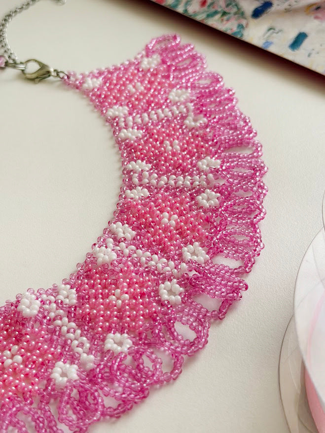 Beaded Necklace "Pink Stars" | Pink & White | Handmade