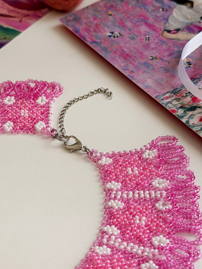 Beaded Necklace "Pink Stars" | Pink & White | Handmade
