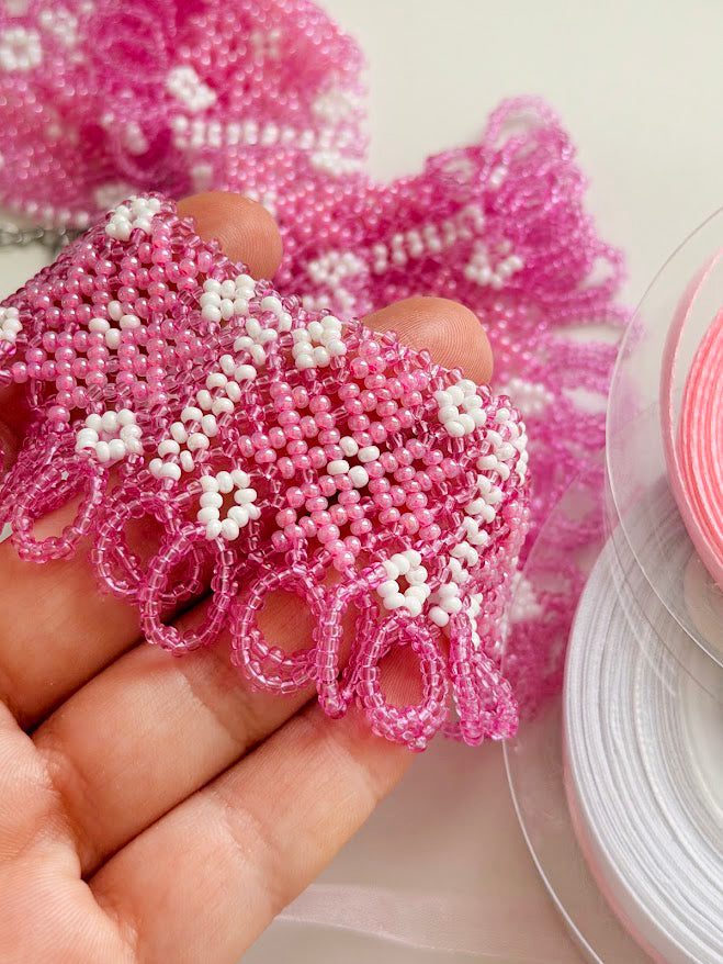 Beaded Necklace "Pink Stars" | Pink & White | Handmade