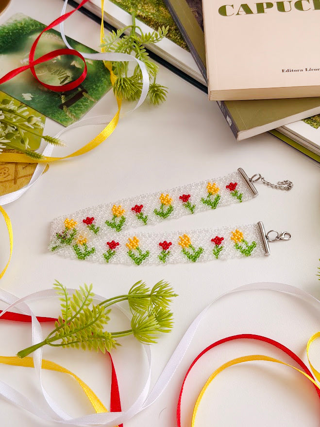 Beaded Choker "Tulip Garden" | Clear, White, Red & Yellow | Handmade