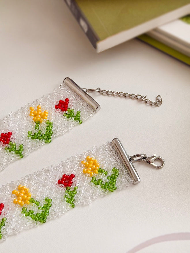 Beaded Choker "Tulip Garden" | Clear, White, Red & Yellow | Handmade