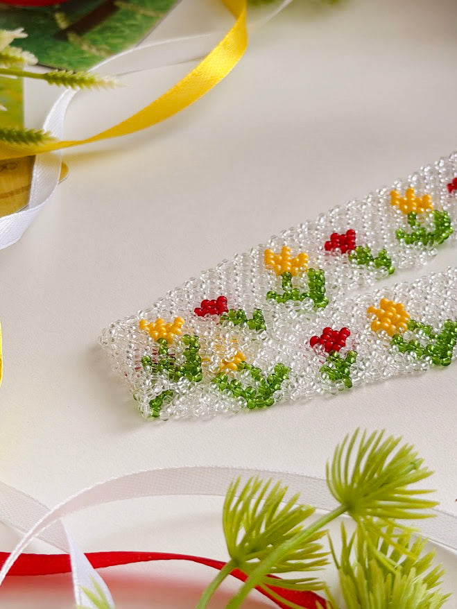 Beaded Choker "Tulip Garden" | Clear, White, Red & Yellow | Handmade