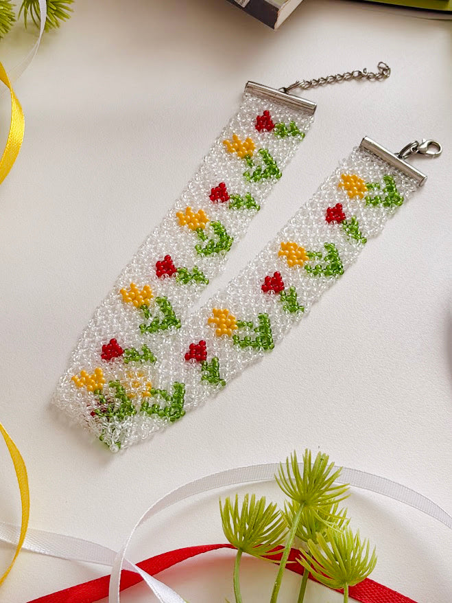 Beaded Choker "Tulip Garden" | Clear, White, Red & Yellow | Handmade