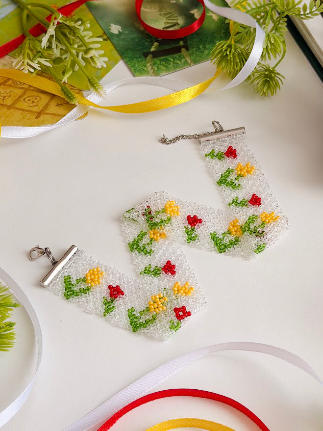 Beaded Choker "Tulip Garden" | Clear, White, Red & Yellow | Handmade