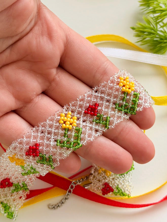 Beaded Choker "Tulip Garden" | Clear, White, Red & Yellow | Handmade