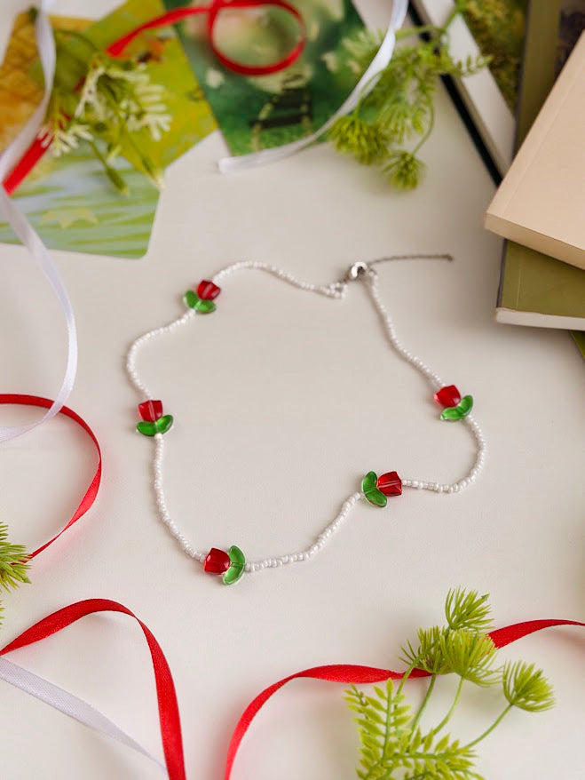 Children's Beaded Necklace "Little Red Tulips" | Red & White | Handmade