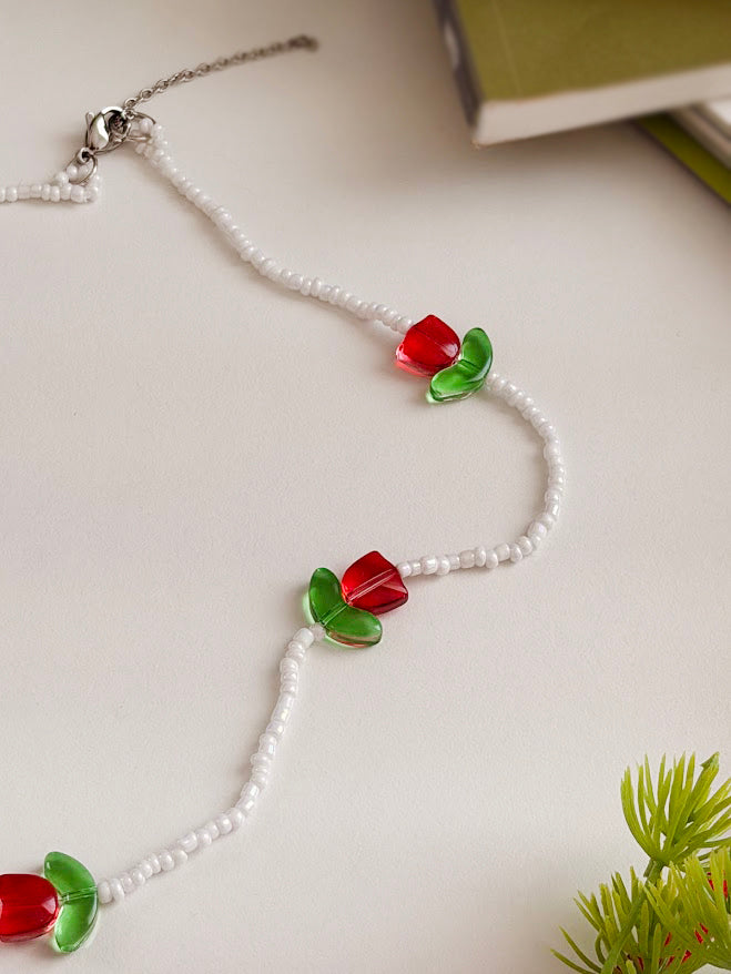 Children's Beaded Necklace "Little Red Tulips" | Red & White | Handmade