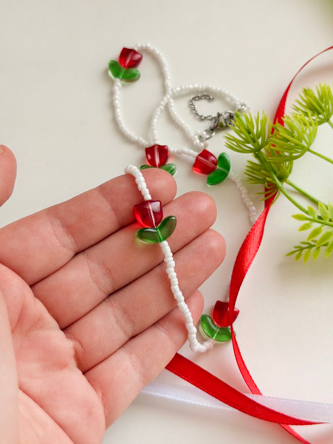 Children's Beaded Necklace "Little Red Tulips" | Red & White | Handmade