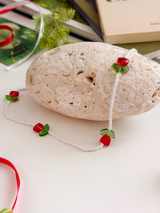 Children's Beaded Necklace "Little Red Tulips" | Red & White | Handmade