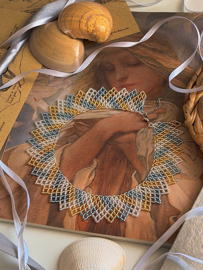 Beaded Necklace "Golden Shore" | Blue, Gold & Silver | Handmade