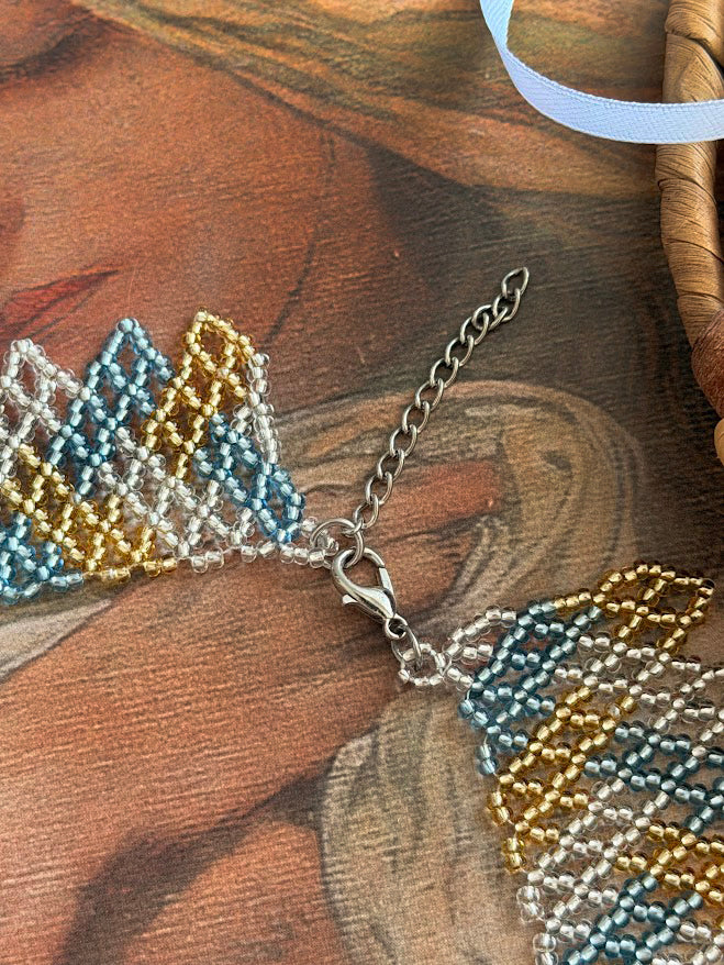 Beaded Necklace "Golden Shore" | Blue, Gold & Silver | Handmade