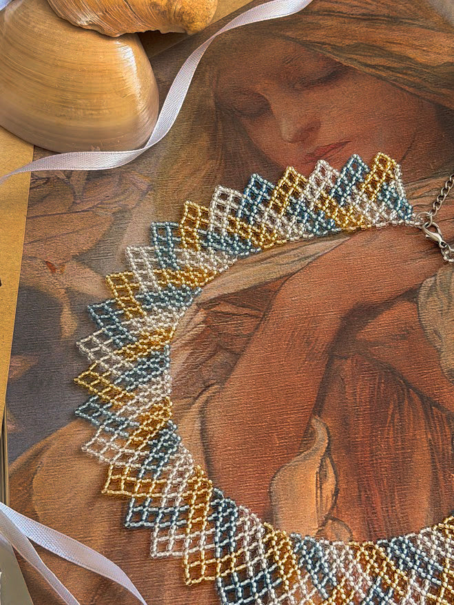 Beaded Necklace "Golden Shore" | Blue, Gold & Silver | Handmade
