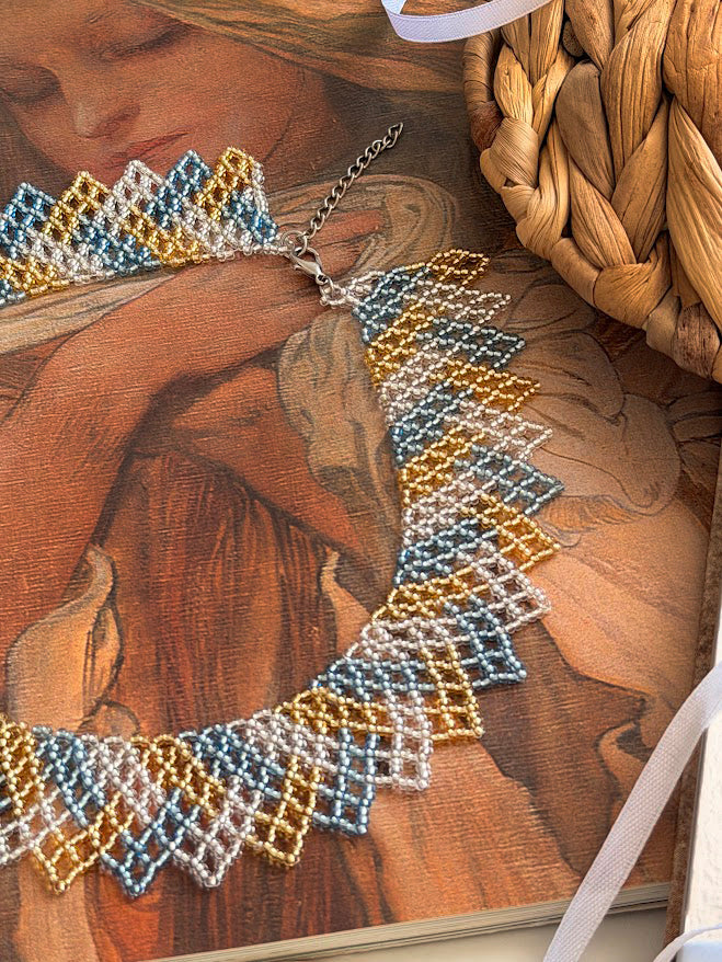 Beaded Necklace "Golden Shore" | Blue, Gold & Silver | Handmade