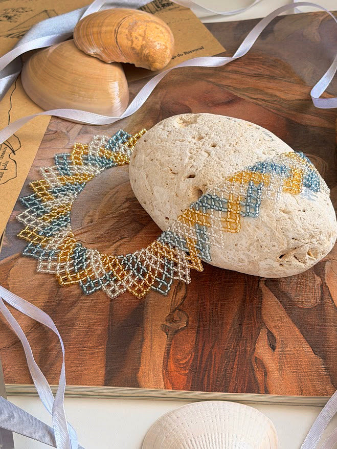 Beaded Necklace "Golden Shore" | Blue, Gold & Silver | Handmade