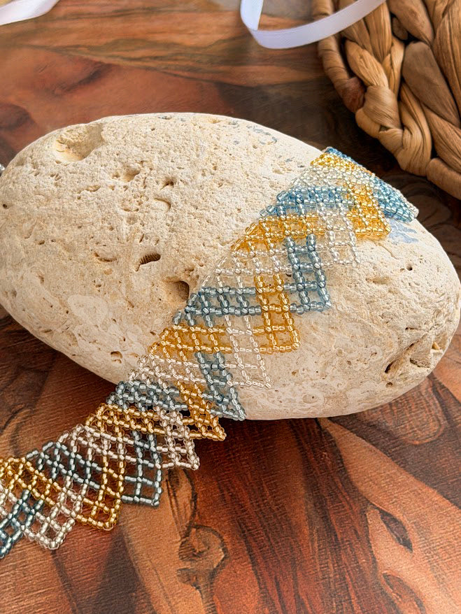 Beaded Necklace "Golden Shore" | Blue, Gold & Silver | Handmade