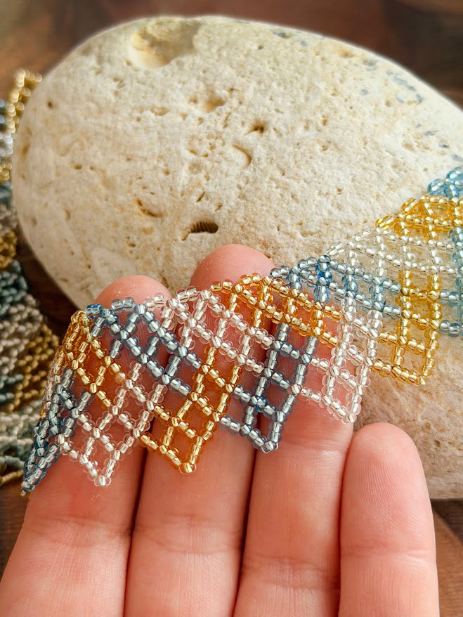 Beaded Necklace "Golden Shore" | Blue, Gold & Silver | Handmade