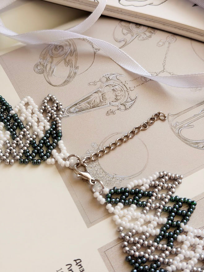 Beaded Necklace "Dark Flame" | Dark Green + Silver | Handmade